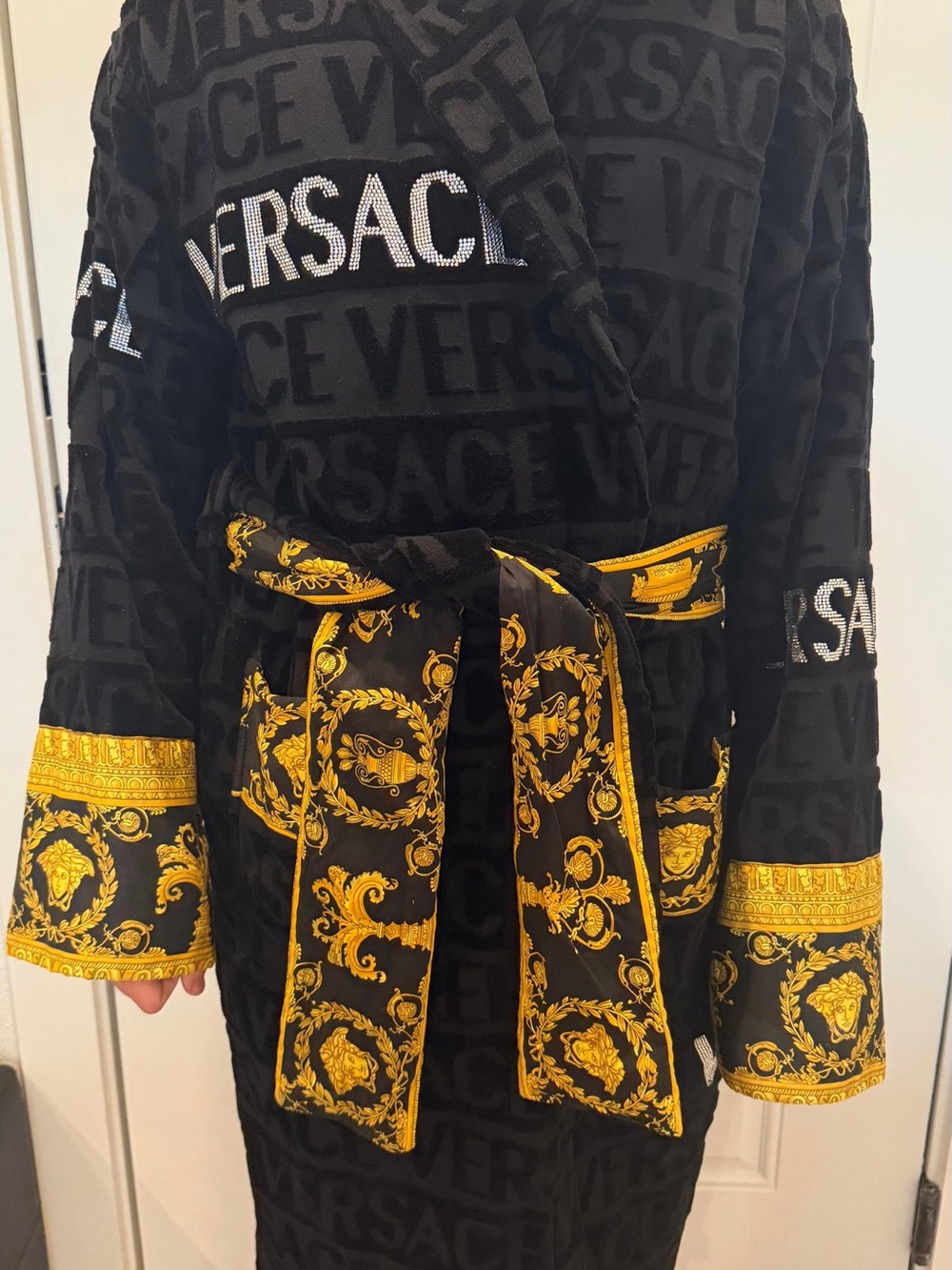 Versace Black and Gold Baroque Logo Robe